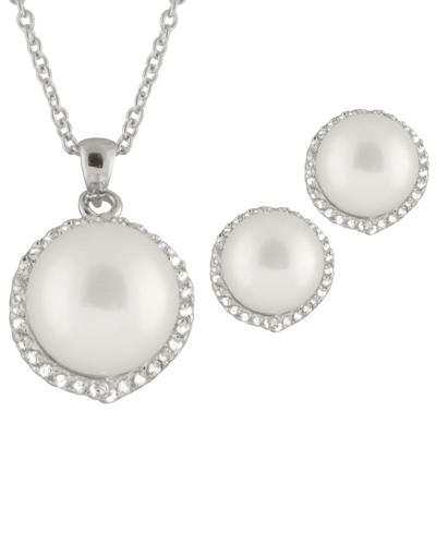 Splendid Pearls Silver 9-9.5mm Pearl & Cz Necklace & Drop Earrings Set