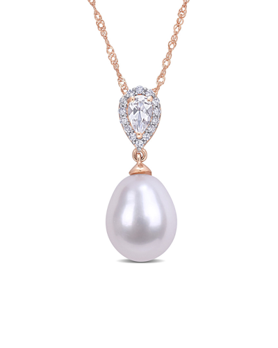 Rina Limor 10k Rose Gold 0.31 Ct. Tw. Diamond & White Topaz 9-9.5mm Pearl Necklace