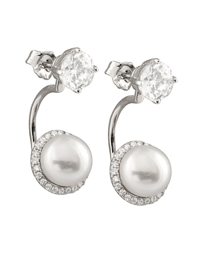 Splendid Pearls Rhodium Plated Silver 8-8.5mm Freshwater Pearl & Cz Drop Earrings
