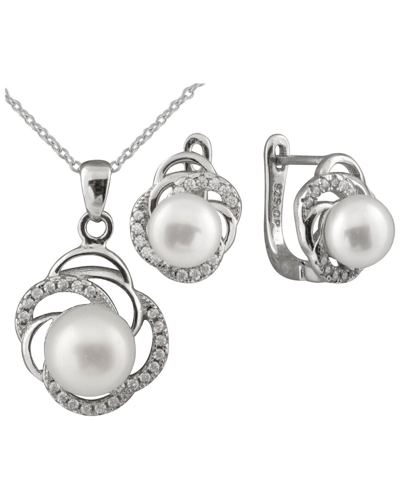 Splendid Pearls Rhodium Plated 7-8mm Pearl Cz Necklace & Earrings Set
