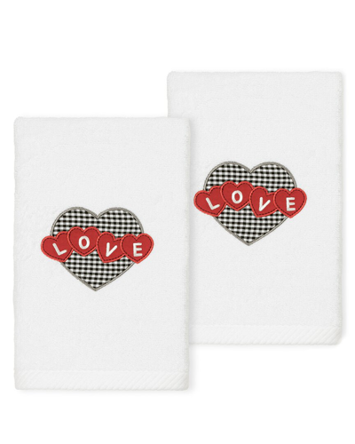 Linum Home Textiles Love Hearts - Embroidered Luxury 100% Turkish Cotton Hand Towels (set Of 2) In White