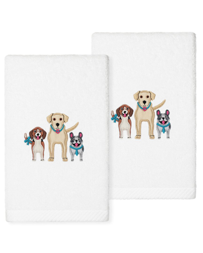 Linum Home Textiles Dogs - Embroidered Luxury 100% Turkish Cotton Hand Towels (set Of 2) In White