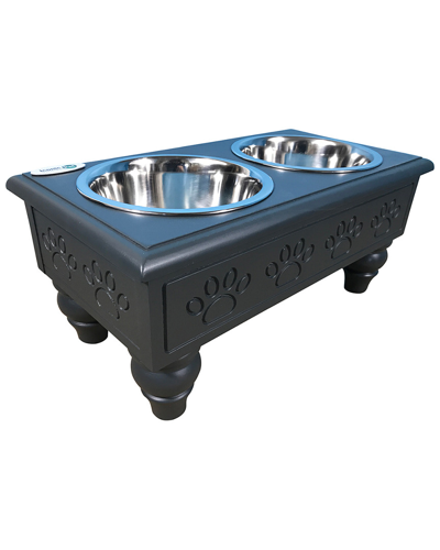 Iconic Pet Raised Wooden Double Dinner Steel Bowls In Blue
