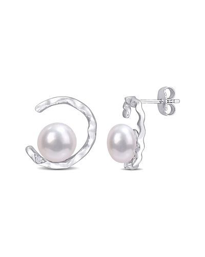 Rina Limor Silver White Sapphire 7.5-8mm Pearl Open Wave Earrings