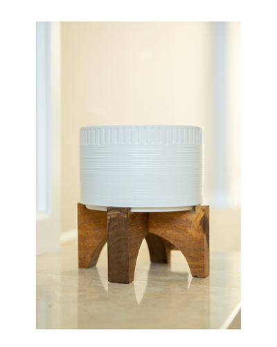 Flora Bunda 7in Dumpling Ceramic Planter On Wood Stand In White