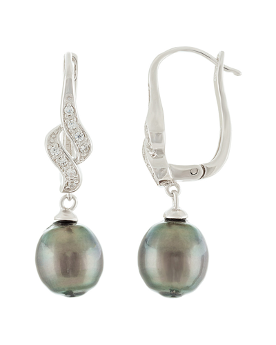 Splendid Pearls Silver 9-10mm Tahitian Pearl & Cz Earrings