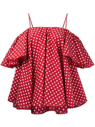 Anna October Off-the-shoulder Polka-dot Top In Red White
