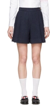 THOM BROWNE NAVY PLEATED WOOL SHORTS