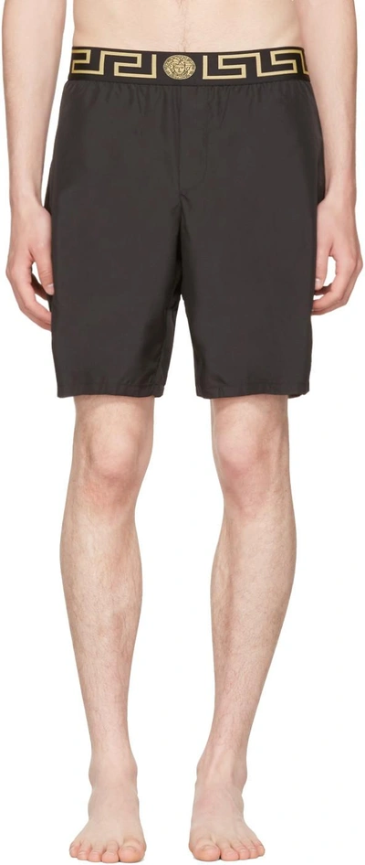 Versace Black Swim Trunks With Greca And Medusa Head Print On Elastic Waistband In Nylon Man