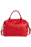Longchamp Medium 'le Pliage Cuir' Leather Top Handle Tote In Cherry/silver
