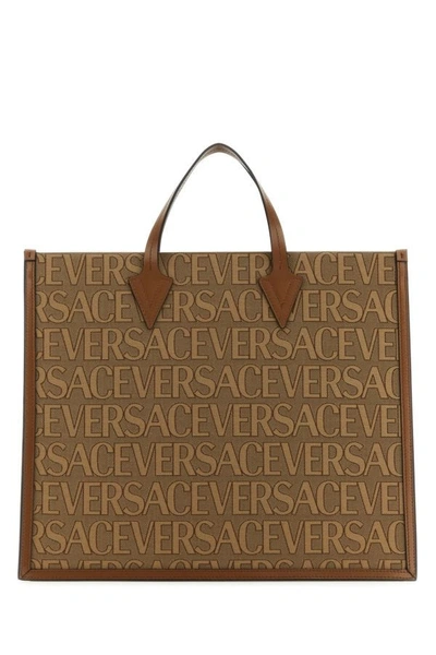 Versace Man Embroidered Canvas  Allover Shopping Bag In Multicolor