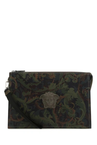 Versace Man Printed Leather Clutch In Green