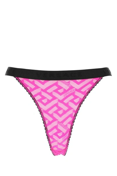 Versace Woman Fuchsia Stretch Lace Thong In Pink