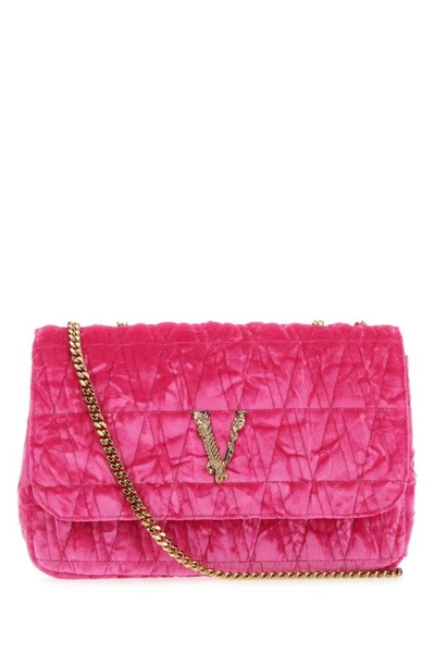 Versace Woman Fuchsia Velvet Virtus Shoulder Bag In Pink
