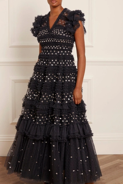 Needle & Thread Vivian Sequin-embellished Ruffled Tulle Gown In Black