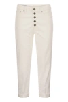 DONDUP DONDUP KOONS - MULTI-STRIPED VELVET TROUSERS WITH JEWELLED BUTTONS