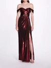 MARCHESA NOTTE METALLIC CUTOUT OFF SHOULDER GOWN