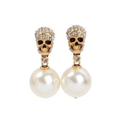 Alexander Mcqueen Faux Pearl And Skull Crystal-embellished Earrings In Gold