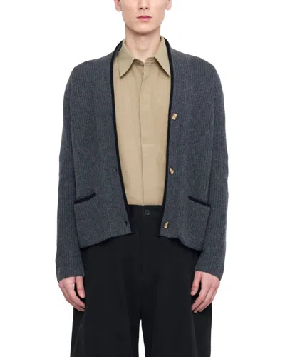 7115 By Szeki V-neck Pockets Trimmed Cardigan - Unisex In Gray In Grey