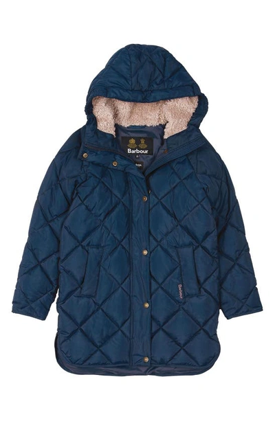 Barbour Kids' Sandyford Quilted Jacket With Faux Fur Lined Hood In Navy