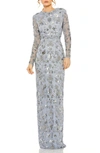 Mac Duggal Sequin Long Sleeve Gown In Slate Blue
