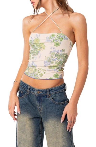 Edikted Garden Party Floral Print Mesh Top In Ivory Mix
