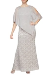 Sl Fashions Beaded Lace & Chiffon Capelet Gown In Buff