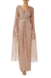 Adrianna Papell Beaded Sequin Long Sleeve Cape Overlay Column Gown In Rose Gold