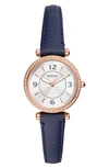Fossil Women's Carlie Three-hand Navy Genuine Leather Watch, 28mm In Silver