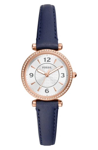 Fossil Women's Carlie Three-hand Navy Genuine Leather Watch, 28mm In Silver