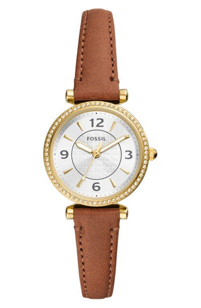 Fossil Women's Carlie Three-hand Medium Brown Genuine Leather Watch, 28mm In Gold