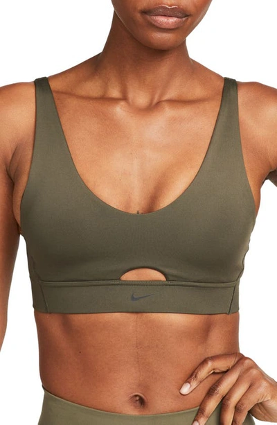 Nike Dri-fit Indy Padded Strappy Cutout Medium Support Sports Bra In Cargo Khaki/ Black