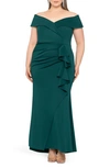 Xscape Off The Shoulder Long Scuba Crepe Dress In Hunter