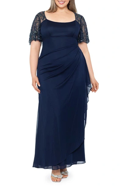Xscape Beaded Short Sleeve Ruched Gown In Navy