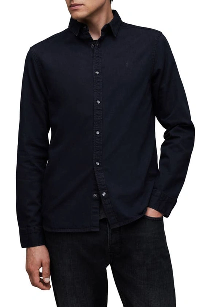 Allsaints Gleason Chambray Snap-up Shirt In Blue Black