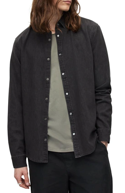 Allsaints Gleason Long Sleeve Denim Shirt In Washed Black