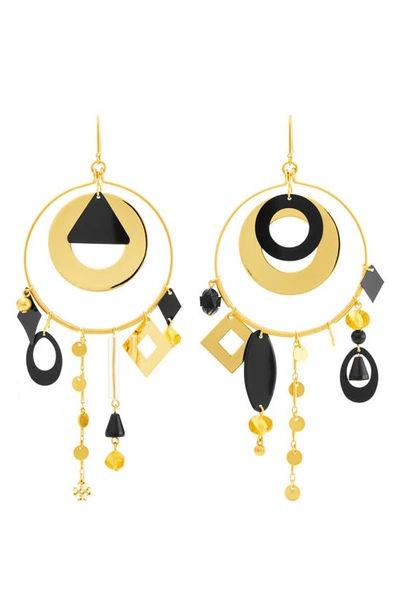 Tory Burch Galaxy Hoop Earrings In Rolled Gold / Black Multi
