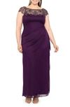 Xscape Beaded Neck Ruched Cap Sleeve Gown In Plum