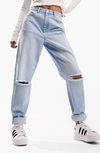 Asos Design Straight Jean In Light Wash With Rip And Split Hem-blue In Light Blue