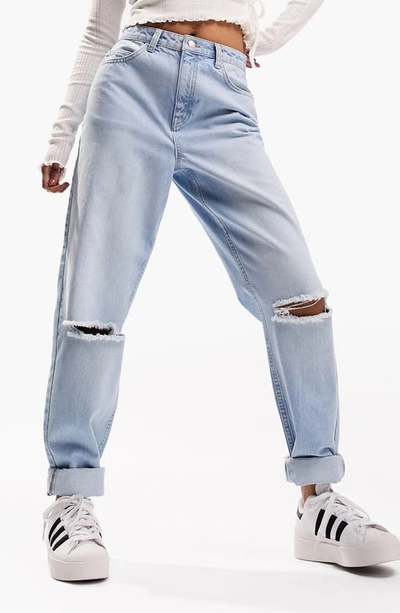 Asos Design Straight Jean In Light Wash With Rip And Split Hem-blue