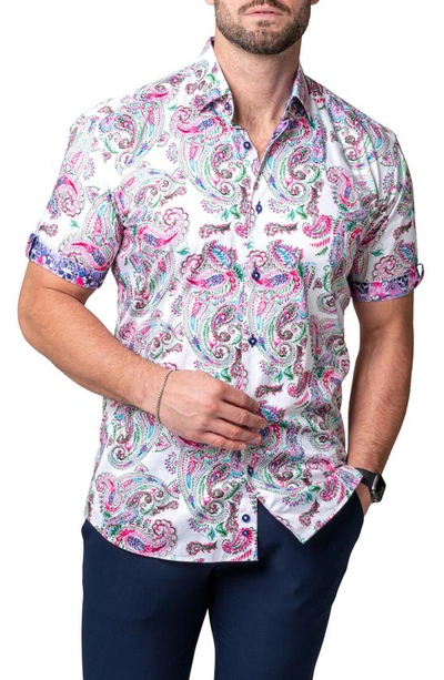 Maceoo Galileo Paisley Print Short Sleeve Cotton Button-up Shirt In White