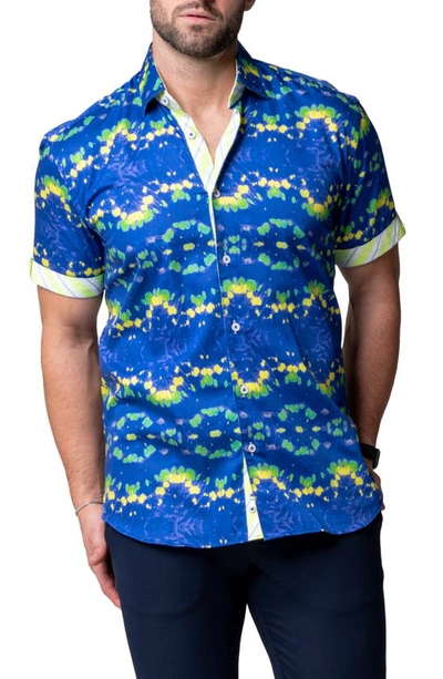 Maceoo Galileo Dyegreen Blue Short Sleeve Cotton Button-up Shirt