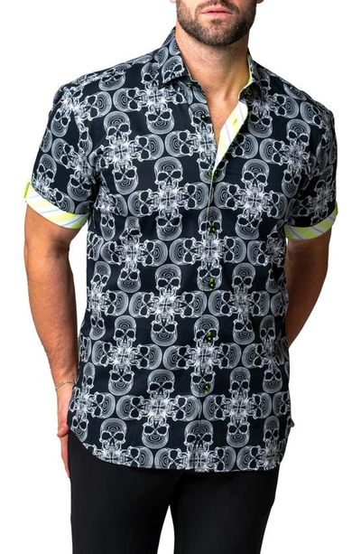 Maceoo Galileo Skull Mono Black Short Sleeve Cotton Button-up Shirt