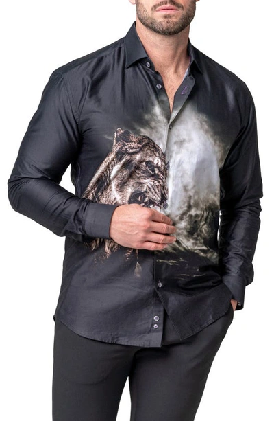 Maceoo Fibonacci Lioness Roar Cotton Button-up Shirt In Black