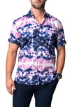 Maceoo Galileo Tie Dye Stars Short Sleeve Cotton Button-up Shirt In Blue