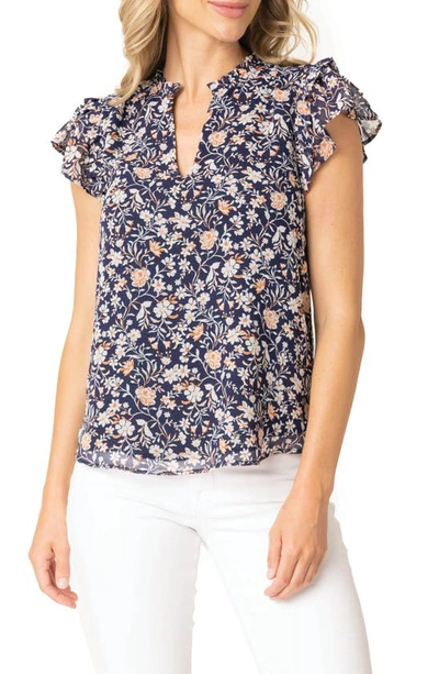 Gibsonlook Print Flutter Sleeve Top In Indigo Coral Floral