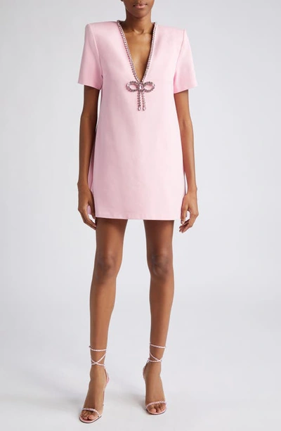 Area Crystal Bow V Neck T-shirt Dress In Pale Pink
