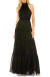 Mac Duggal Bow Back Tiered A-line Gown In Black