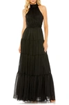 Mac Duggal Pleated Bodice Tiered Tie Neck Halter Gown In Black