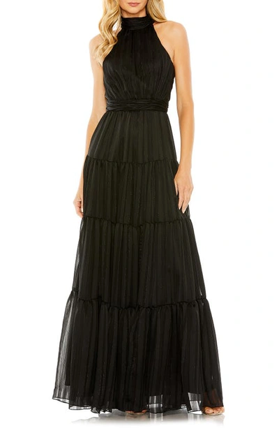Mac Duggal Bow Back Tiered A-line Gown In Black